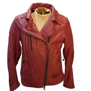 Harley Davidson Women Leather Biker Riding quilted Jacket Moto Cowhide Berry Red